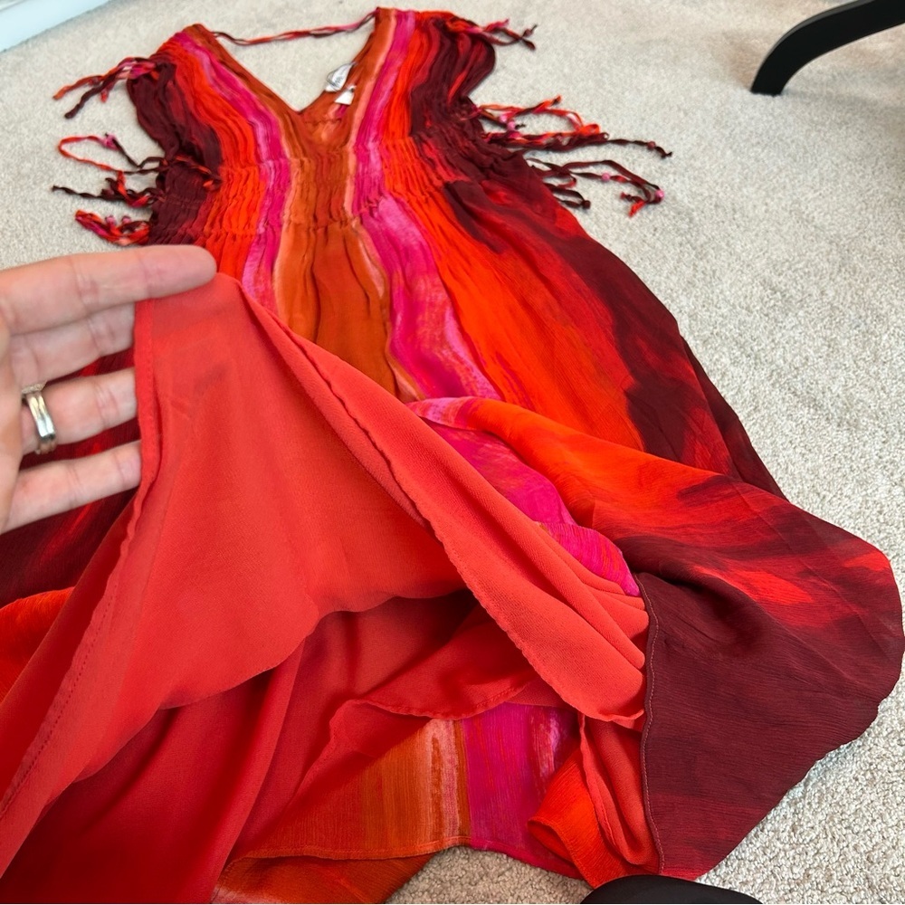Zara red pink tie-dye BoHo V-neck midi dress Sz M tropical beach vacation NWOT - Picture 13 of 16
